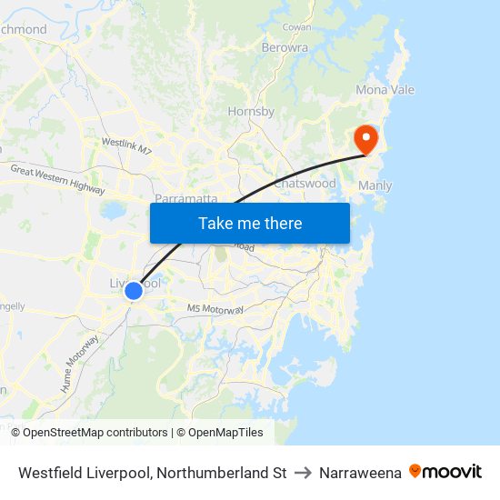 Westfield Liverpool, Northumberland St to Narraweena map