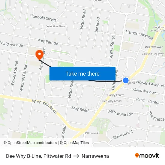 Dee Why B-Line, Pittwater Rd to Narraweena map