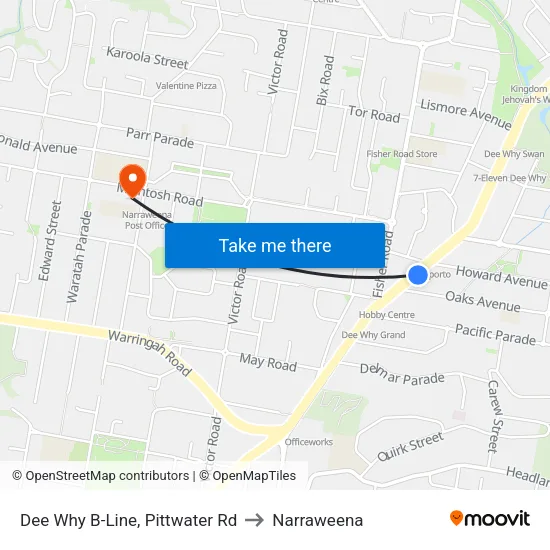 Dee Why B-Line, Pittwater Rd to Narraweena map