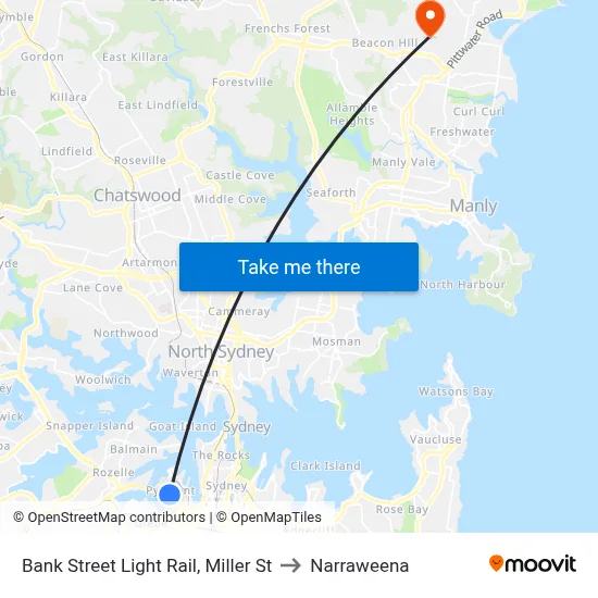 Bank Street Light Rail, Miller St to Narraweena map