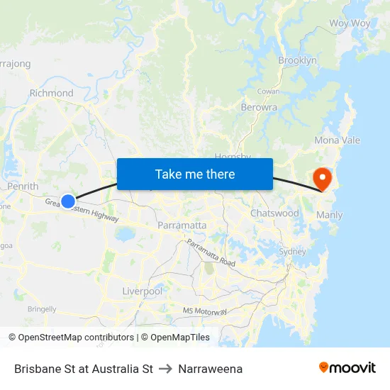 Brisbane St at Australia St to Narraweena map