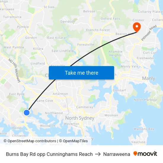 Burns Bay Rd opp Cunninghams Reach to Narraweena map
