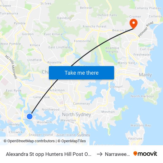 Alexandra St opp Hunters Hill Post Office to Narraweena map