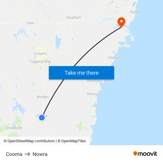 Cooma to Nowra map