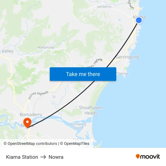 Kiama Station to Nowra map