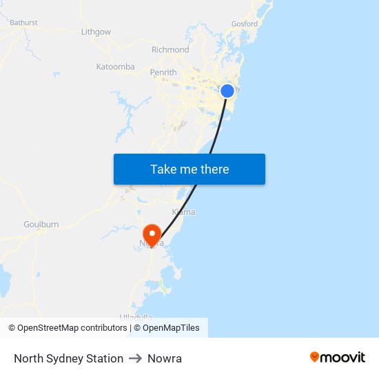 North Sydney Station to Nowra map