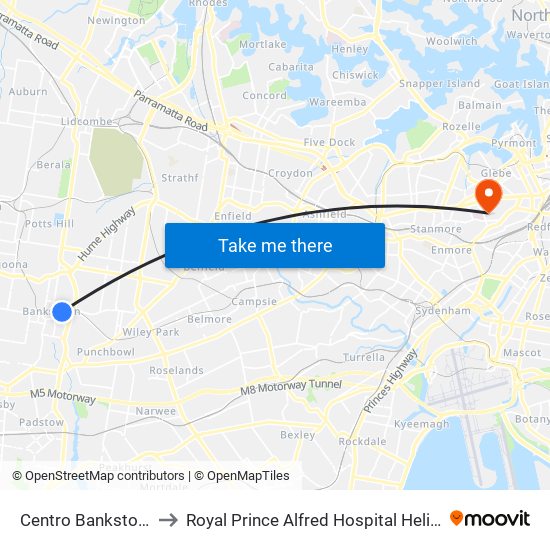 Centro Bankstown to Royal Prince Alfred Hospital Helipad map