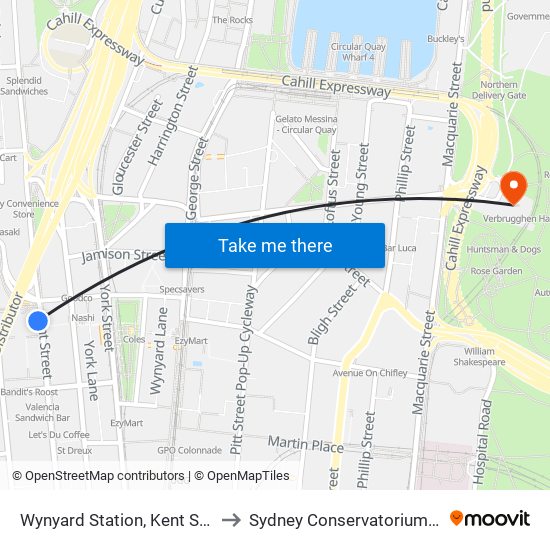 Wynyard Station, Kent St, Stand V to Sydney Conservatorium of Music map