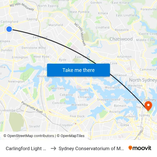 Carlingford Light Rail to Sydney Conservatorium of Music map