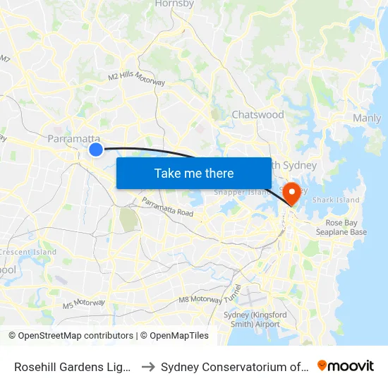 Rosehill Gardens Light Rail to Sydney Conservatorium of Music map
