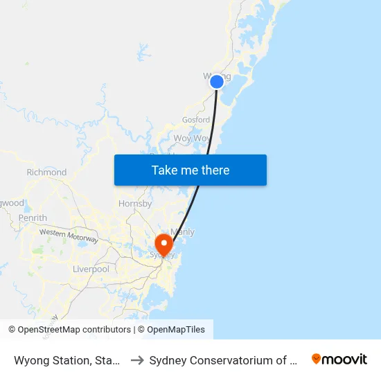 Wyong Station, Stand A to Sydney Conservatorium of Music map
