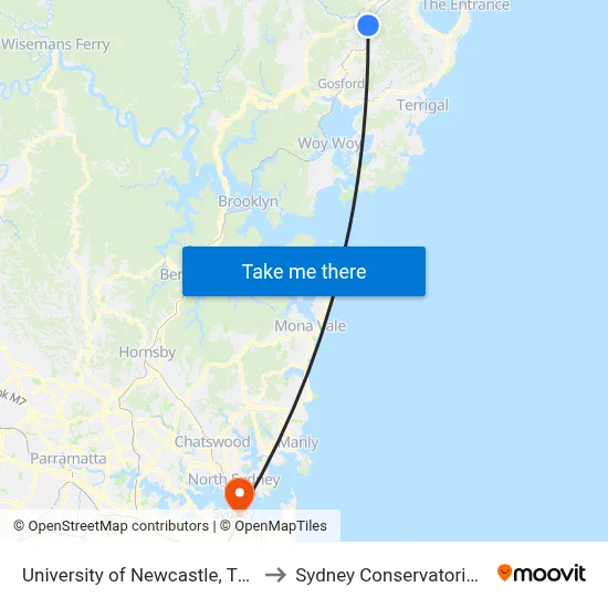 University of Newcastle, The Boulevarde to Sydney Conservatorium of Music map