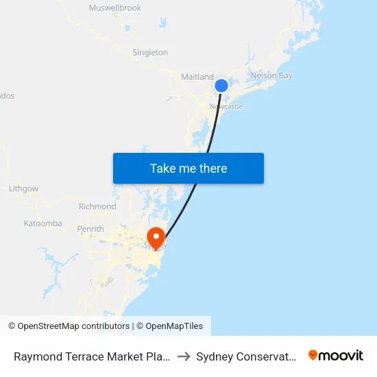 Raymond Terrace Market Place, Port Stephens St to Sydney Conservatorium of Music map