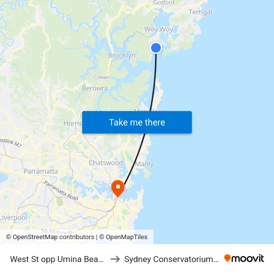 West St opp Umina Beach Library to Sydney Conservatorium of Music map