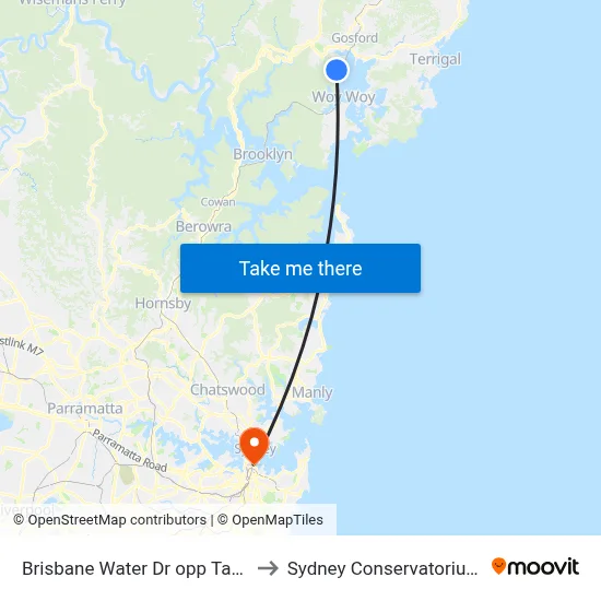 Brisbane Water Dr opp Tascott Station to Sydney Conservatorium of Music map
