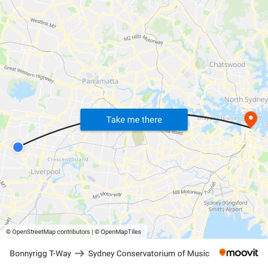 Bonnyrigg T-Way to Sydney Conservatorium of Music map