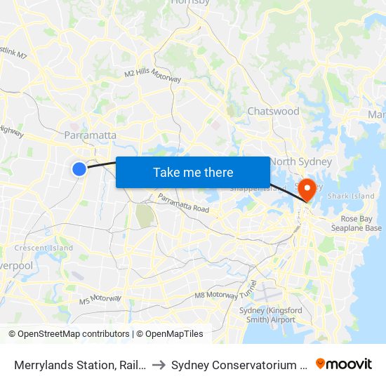 Merrylands Station, Railway Tce to Sydney Conservatorium of Music map