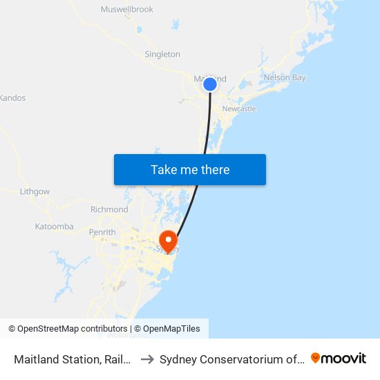 Maitland Station, Railway St to Sydney Conservatorium of Music map
