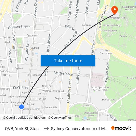 QVB, York St, Stand E to Sydney Conservatorium of Music map