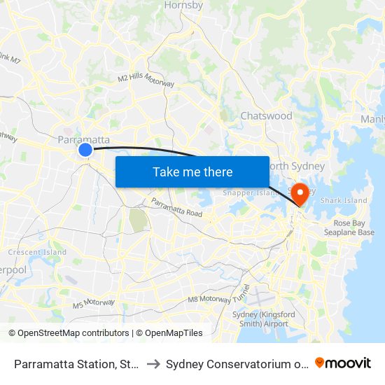 Parramatta Station, Stand B1 to Sydney Conservatorium of Music map