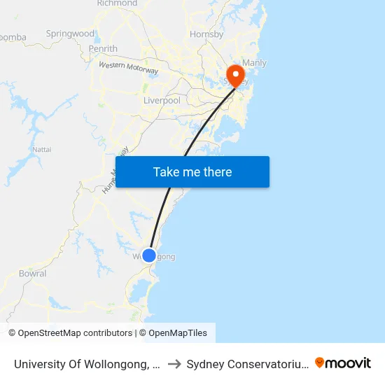 University Of Wollongong, Hope Theatre to Sydney Conservatorium of Music map