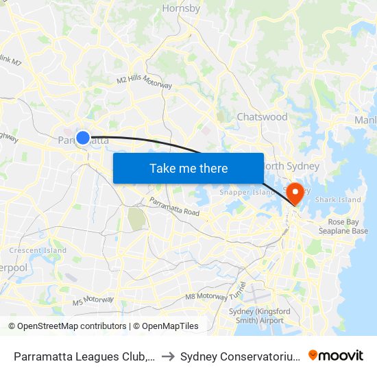 Parramatta Leagues Club, O'Connell St to Sydney Conservatorium of Music map