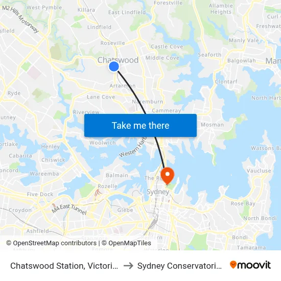 Chatswood Station, Victoria Ave, Stand E to Sydney Conservatorium of Music map