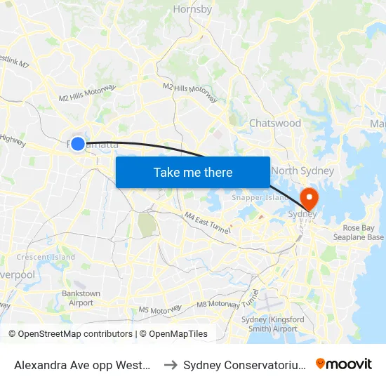 Alexandra Ave opp Westmead Station to Sydney Conservatorium of Music map