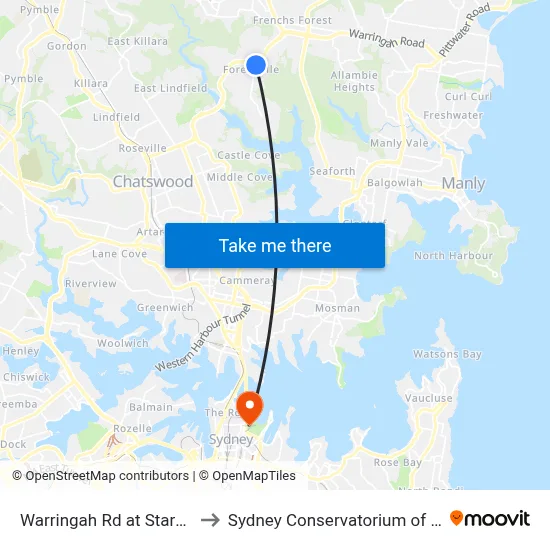 Warringah Rd at Starkey St to Sydney Conservatorium of Music map