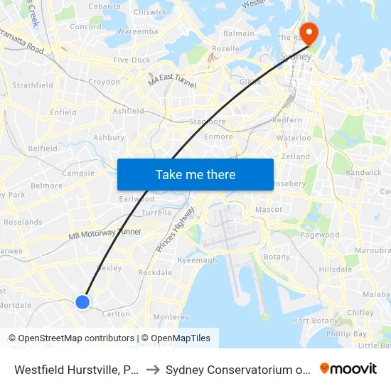 Westfield Hurstville, Park Rd to Sydney Conservatorium of Music map