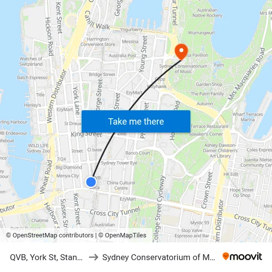 QVB, York St, Stand B to Sydney Conservatorium of Music map