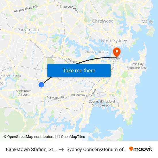 Bankstown Station, Stand C to Sydney Conservatorium of Music map