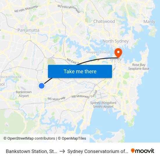Bankstown Station, Stand D to Sydney Conservatorium of Music map
