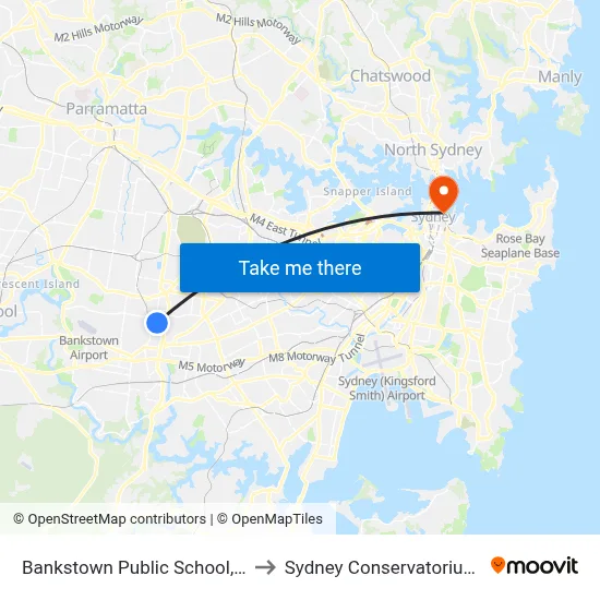 Bankstown Public School, Restwell St to Sydney Conservatorium of Music map