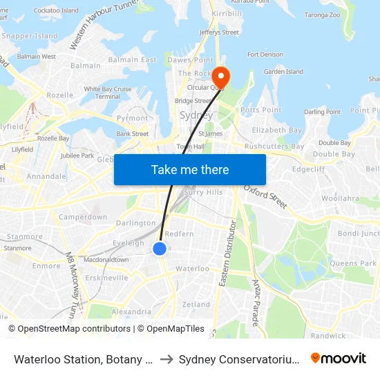 Waterloo Station, Botany Rd, Stand B to Sydney Conservatorium of Music map