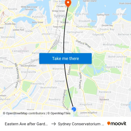 Eastern Ave after Gardeners Rd to Sydney Conservatorium of Music map