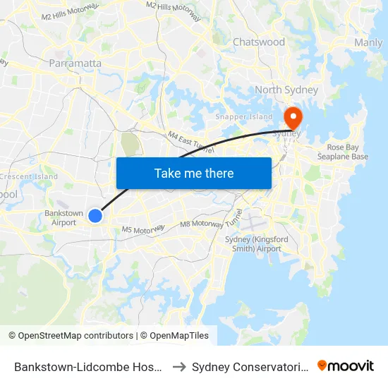 Bankstown-Lidcombe Hospital, Artegall St to Sydney Conservatorium of Music map