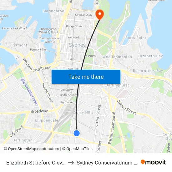 Elizabeth St before Cleveland St to Sydney Conservatorium of Music map
