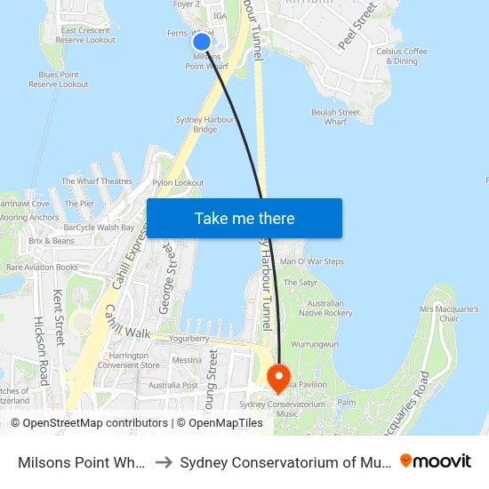 Milsons Point Wharf to Sydney Conservatorium of Music map