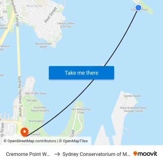 Cremorne Point Wharf to Sydney Conservatorium of Music map