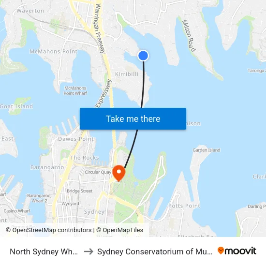 North Sydney Wharf to Sydney Conservatorium of Music map