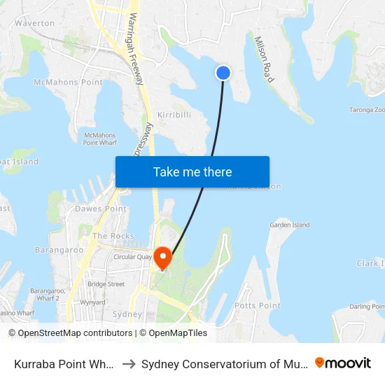Kurraba Point Wharf to Sydney Conservatorium of Music map