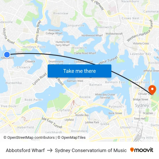 Abbotsford Wharf to Sydney Conservatorium of Music map