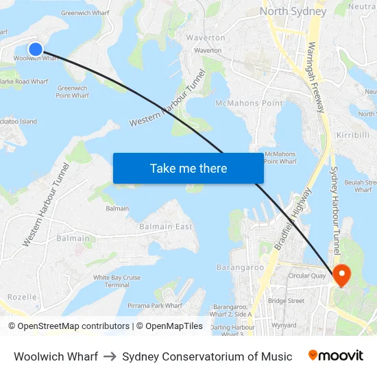 Woolwich Wharf to Sydney Conservatorium of Music map