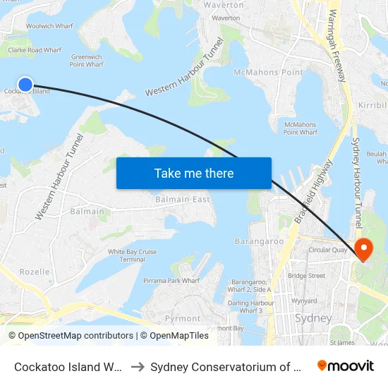 Cockatoo Island Wharf to Sydney Conservatorium of Music map