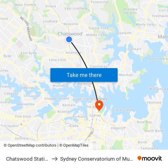 Chatswood Station to Sydney Conservatorium of Music map