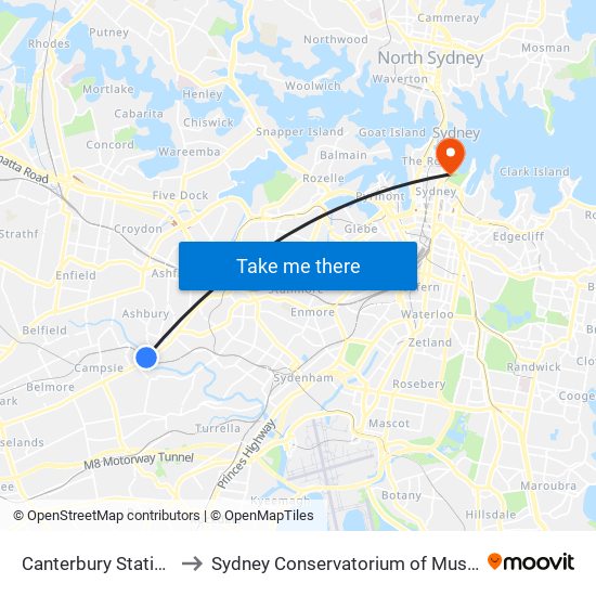 Canterbury Station to Sydney Conservatorium of Music map