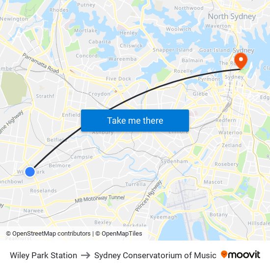 Wiley Park Station to Sydney Conservatorium of Music map