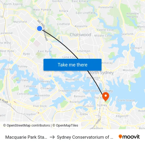 Macquarie Park Station to Sydney Conservatorium of Music map