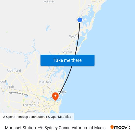 Morisset Station to Sydney Conservatorium of Music map